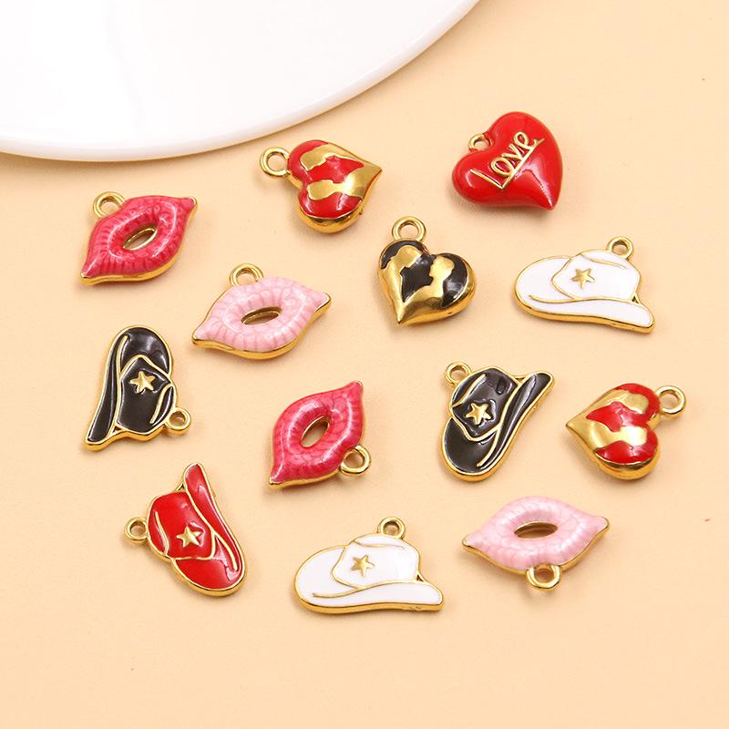 Stainless Steel Enamel Drip Oil Heart, Hat, Lips Pendants – 4 Styles, Colorfast DIY Jewelry Accessories
