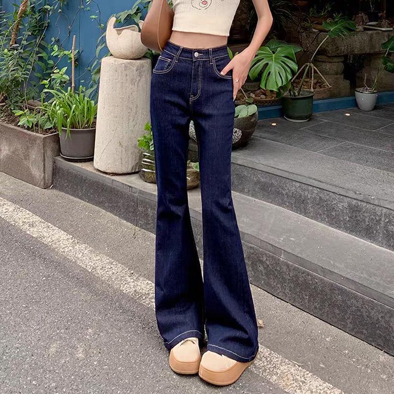 

Маленькие джинсы клеш с высокой посадкой темно-синего цвета в стиле ретро для женщин - Осенние эластичные стройнящие джинсы с вырезом подкову Medium темно-синий