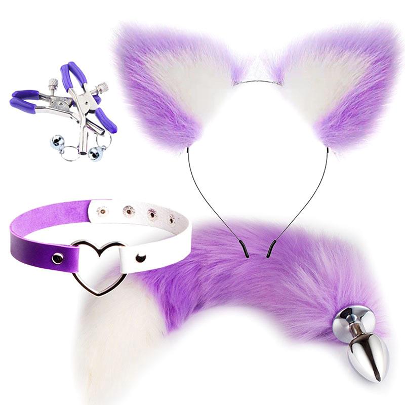 4Pcs Set Cute Fox Butt Tail Collar Anal Plug Nipple Clamp Soft Cat Ears Headbands Cosplay Adult Sex Toys Accessories
