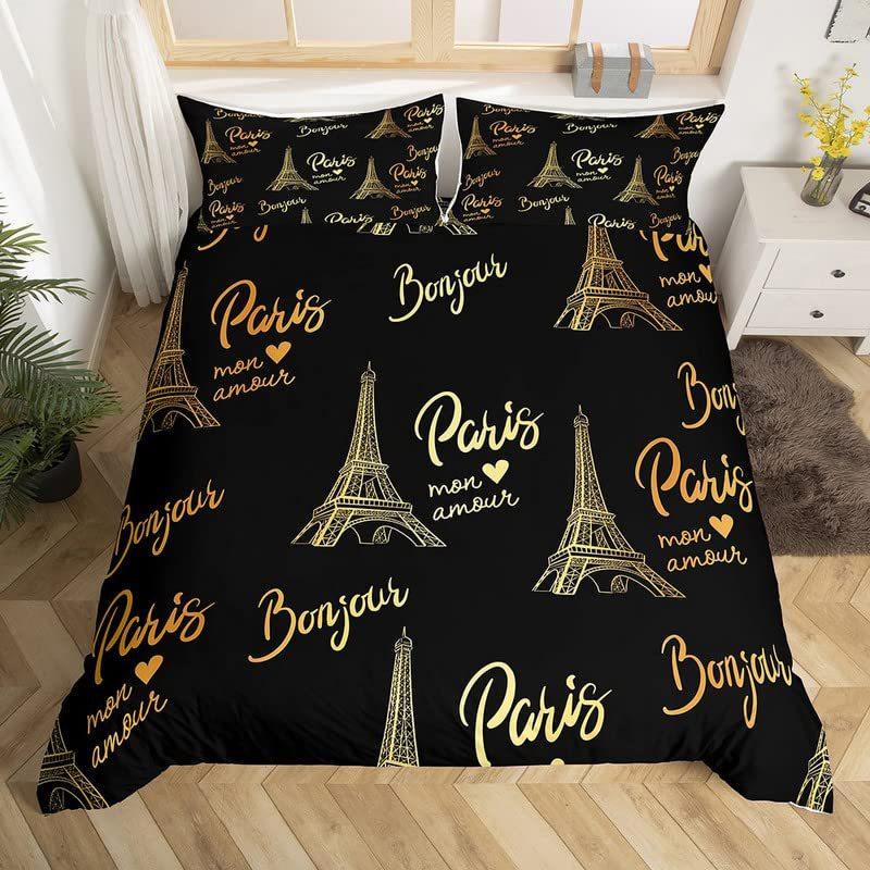 French Duvet Set Eiffel Tower Printed Bedding Sweet French Street Scene Pattern