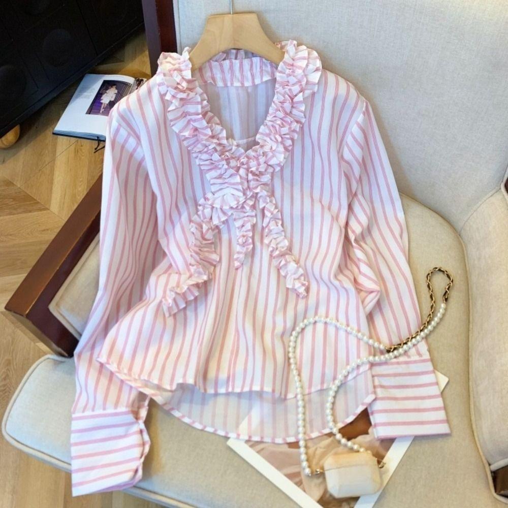 Sweet Deep V Flouce Shirt Tassel Women Shirt Top Comfortable Long Sleeve Shirts  Office