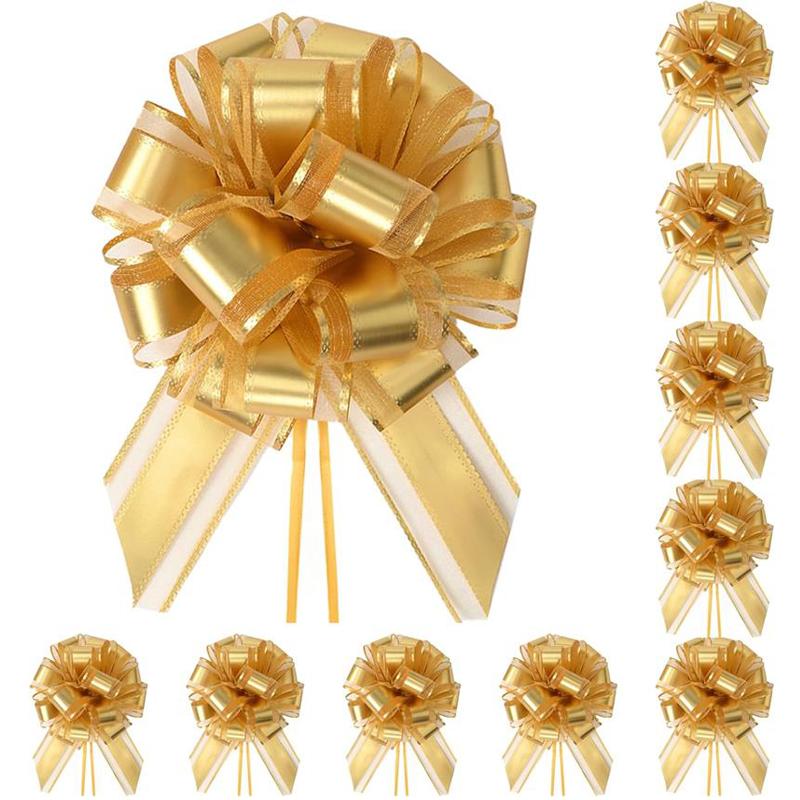 10-Pack Metallic Pull Bows for Gift Wrapping - 6 Inch Reusable Ribbon Bows, Large Instant Floral Decor Bows for Wedding, Christmas