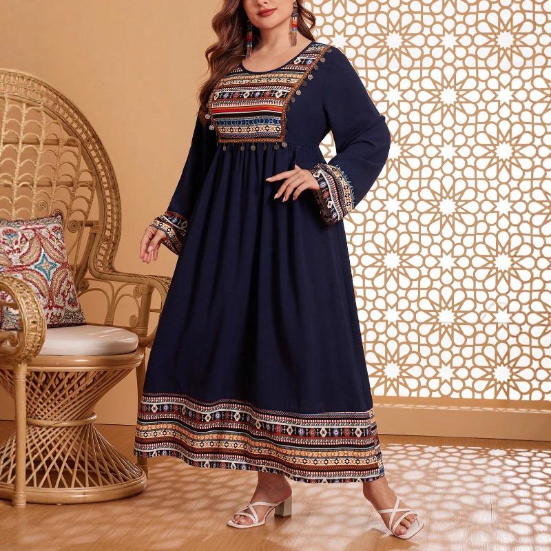 Plus Size Vintage Ethnic Embroidered Round Neck Patchwork Long Sleeve Long A Line Dress For Women