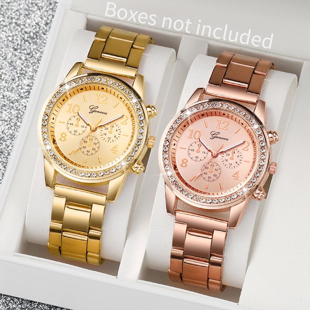 2PCs/Set Fashion Women's Stainless Steel Straps Watch Commuter Style Quartz Watch Bracelet Set Gold Rose Gold