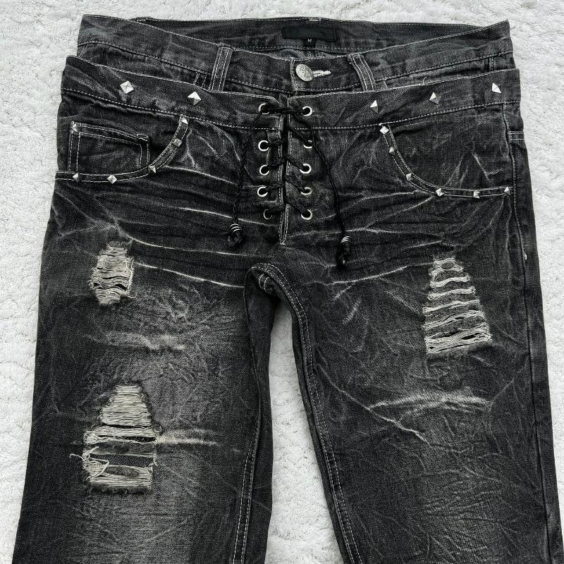 Y2K Gotické Roztrhané Černé Rovné Džíny Dámské Harajuku Bandážové Nýtované Široké Kalhoty Punk Široké Nogavice Džínové Kalhoty Streetwear