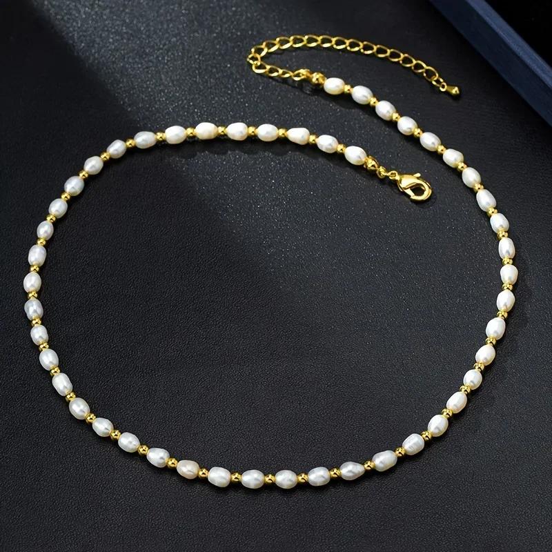 HENGSHENG 6-7mm Rice Shape Freshwater Pearl Necklaces for Women 14K Gold Plated 40+5cm Adjustable Pearl Necklaces Jewelry Gifts white&40cm (extend 5cm)