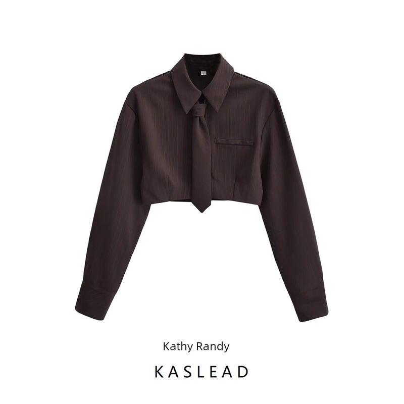 Kaslead New Women Clothes Western Style Fashion Simple Tie Stripe Short Shirt 4688003 049