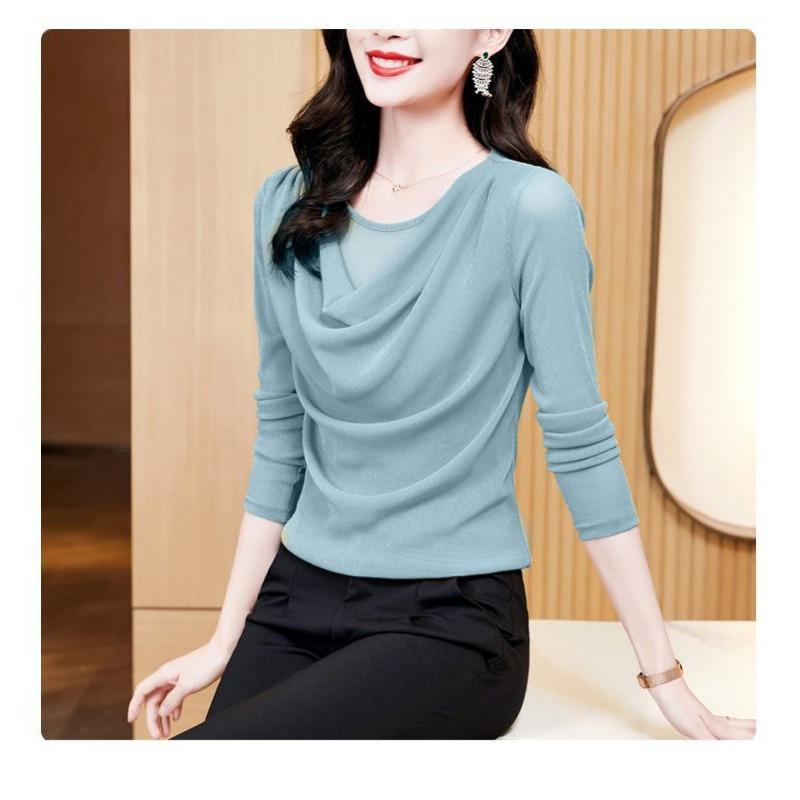 Pile Collar Lace Bottoming Shirt for Women Long-sleeved Spring and Autumn Fashionable Mesh T-shirt Top