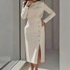 European and American Women's Clothing, New Spring Models, Solid Color Button Split-ended Round Neck Waist Dress, Long Dress.
