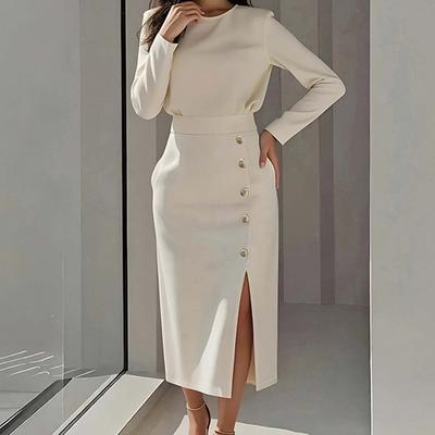 European and American Women's Clothing, New Spring Models, Solid Color Button Split-ended Round Neck Waist Dress, Long Dress.