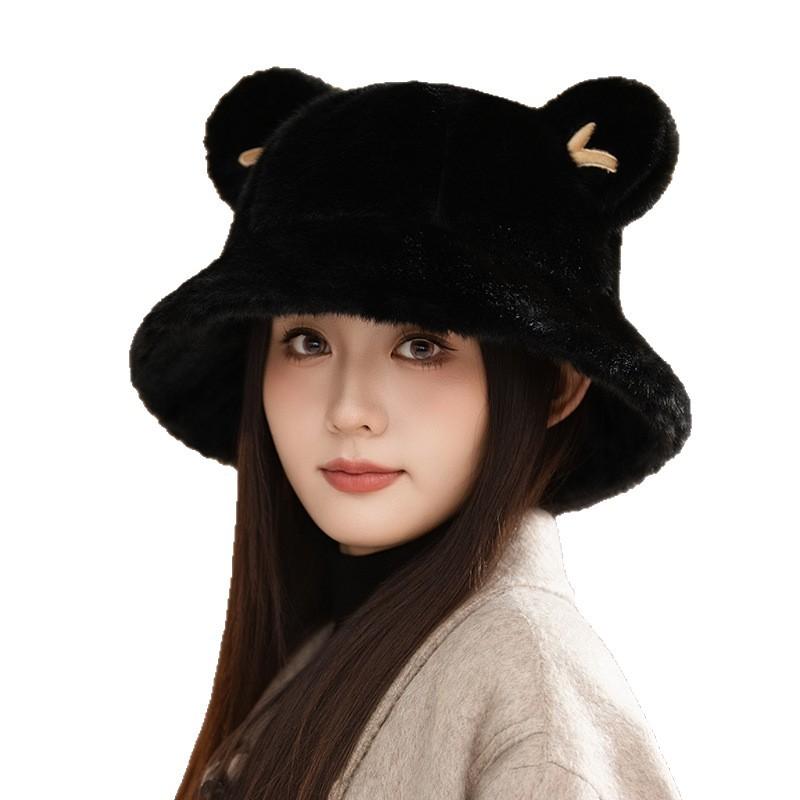 Autumn and winter hats women's thickened plush bucket hats show small faces bucket hats cute ears warm basin hats