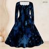 Women Plus Size Square Neck Long Sleeve Dark Blue Printed A Line Dress With Belt