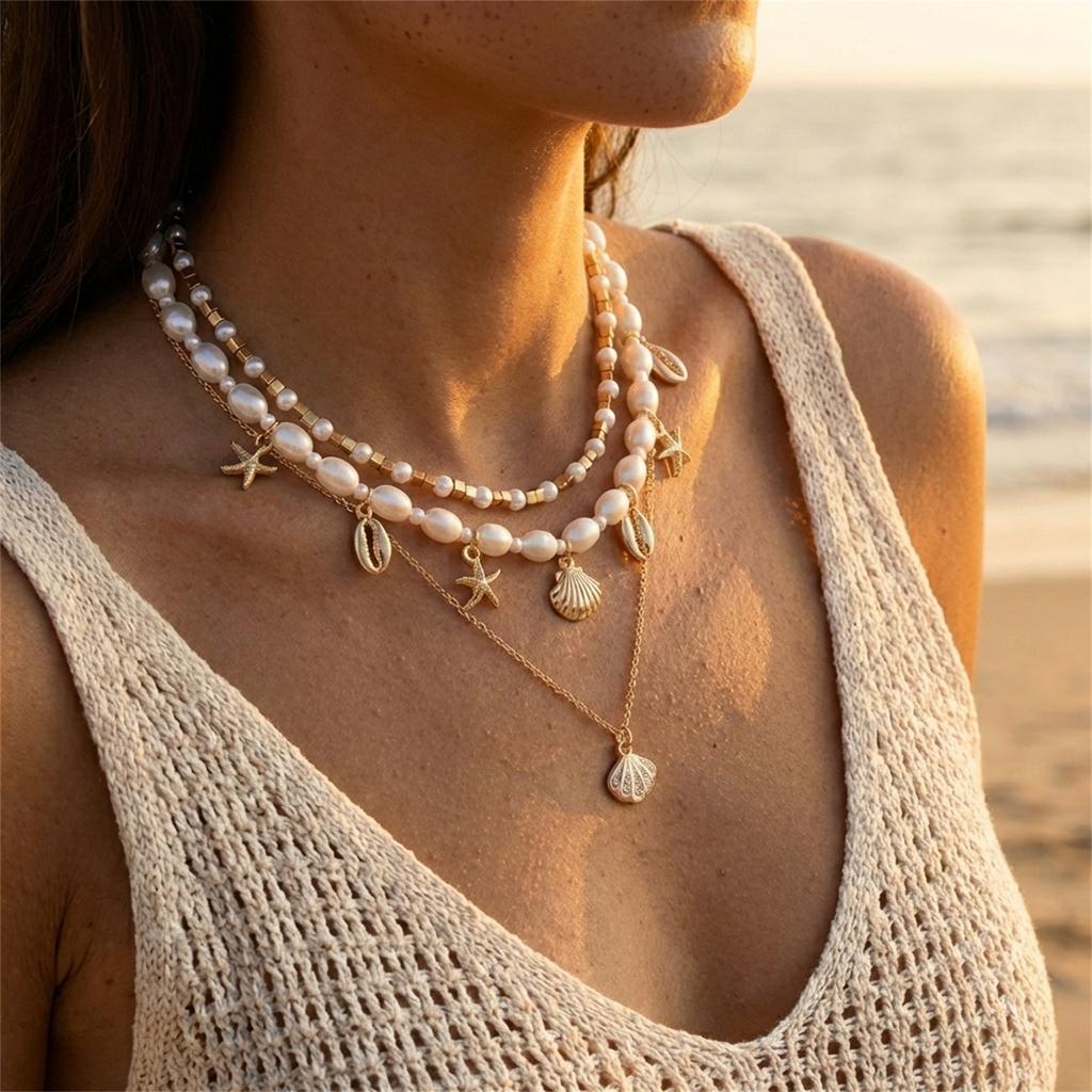 3 Stück Elegante Imitation Perlen Choker Halsketten für Damen Mehrschichtig Ozean Seestern Muscheln Anhänger Halsketten Party Schmuck