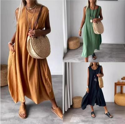 2026 Summer New European and American Cross-border Casual Women's Clothing Cotton and Linen Solid Color Pocket Long Sleeveless Dress Women's Clothing
