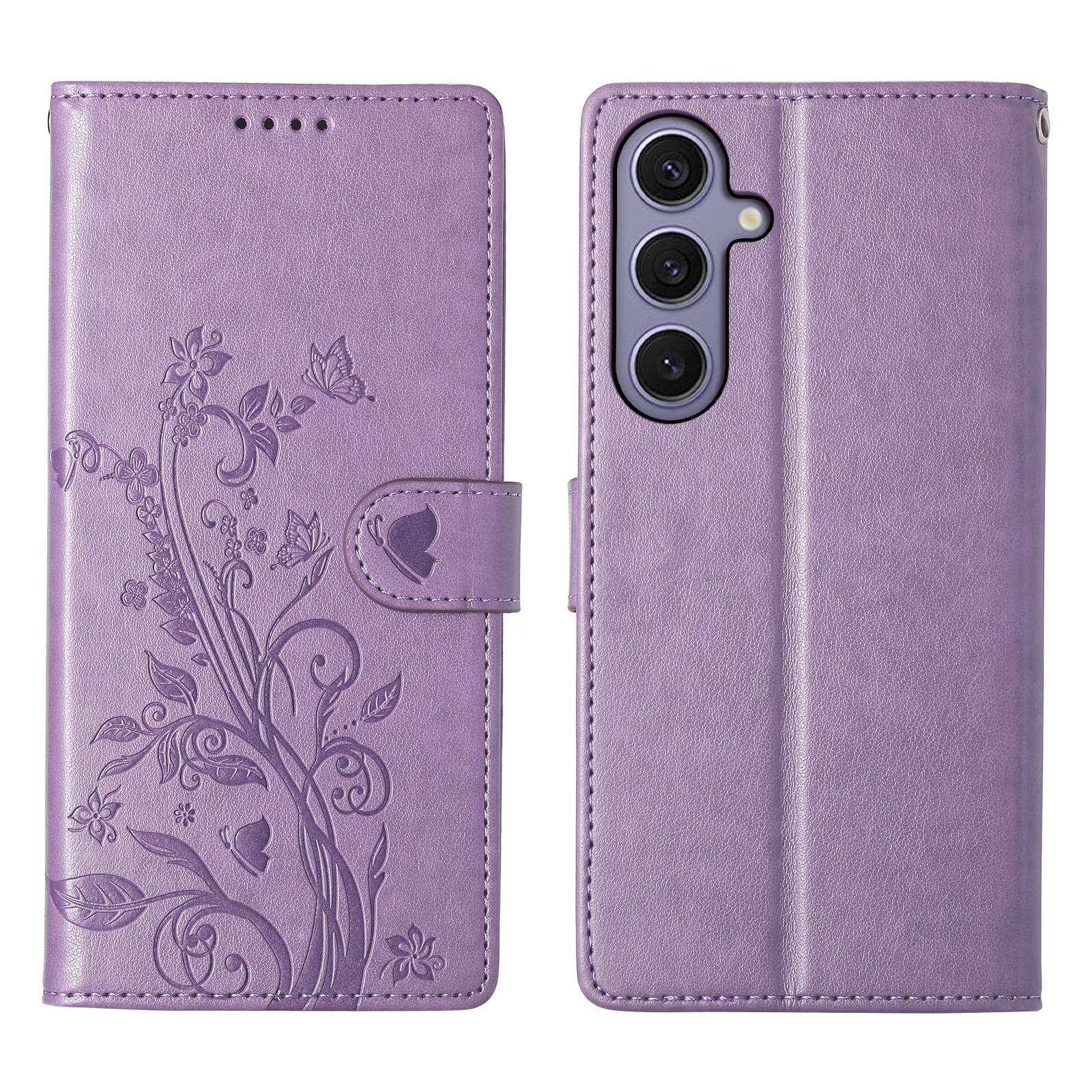 

For Samsung Galaxy S25+ Wallet Case Butterfly Floral Imprint PU Leather Phone Cover with Wrist Strap F
