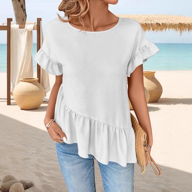 Elegant Solid Color Women's Woven T-Shirts Round Neck Flutter Sleeves & Ruffled Hem T-Shirt Stylish Summer Top