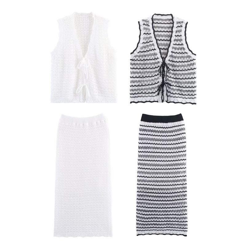 Kaslead New Women Clothes Western Style Fashion Simple Lace-up Knitted Sleeveless Top Skirt Set