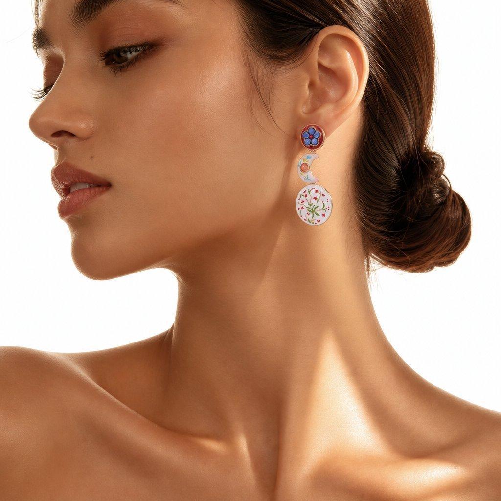 Vintage Geometric Alloy Earrings With Enamel Floral And Asymmetric Heart Design For Women