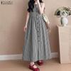 ZANZEA Women Casual Round Neck Sleeveless Plaid Print Long Dress