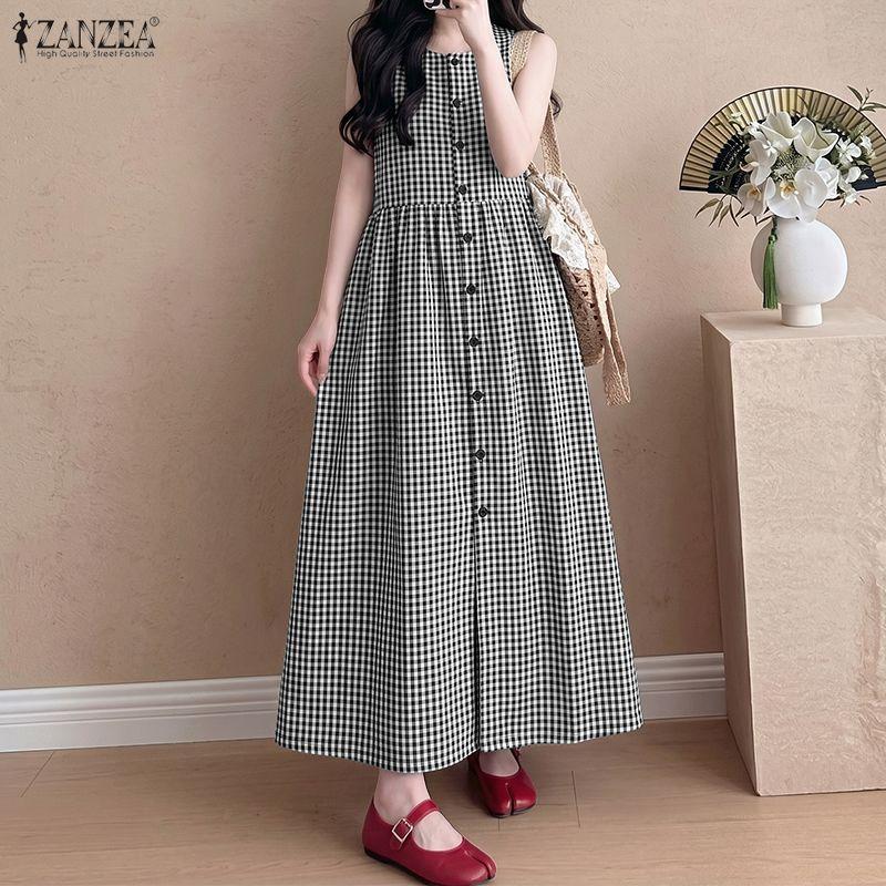 ZANZEA Women Casual Round Neck Sleeveless Plaid Print Long Dress
