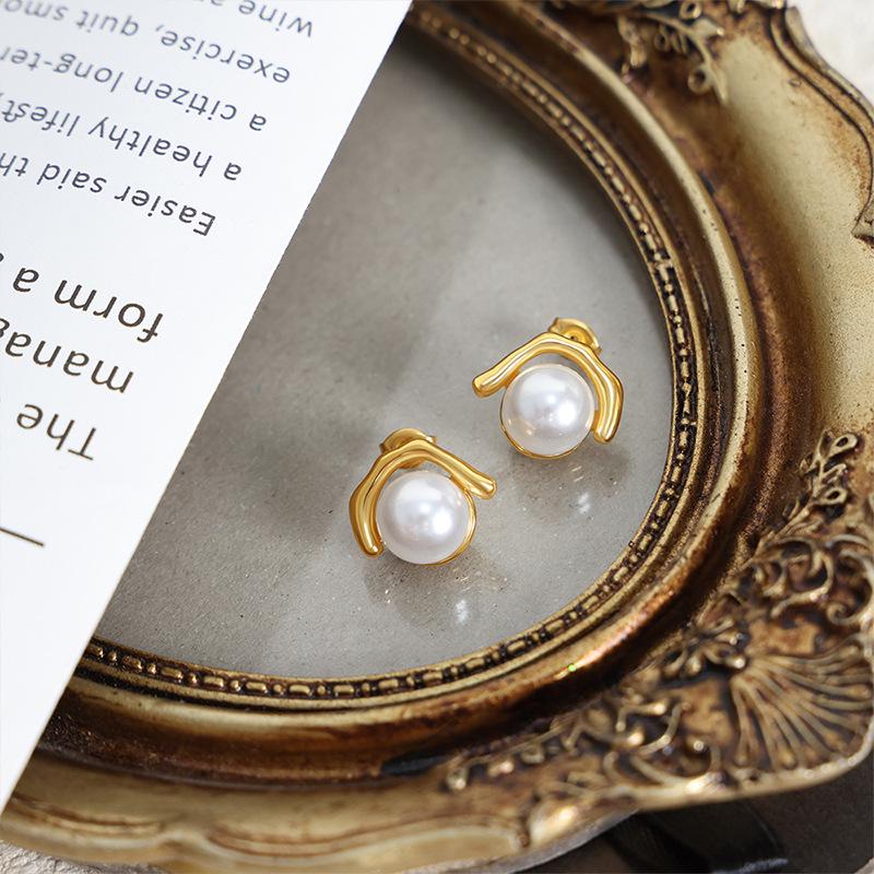 18K Gold Plated Imitation Pearl & Titanium Steel Earrings for Women