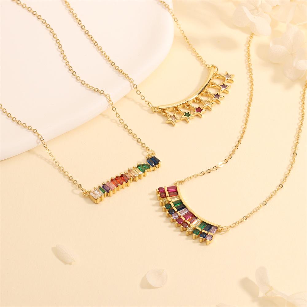 Colorful T-Shaped Zircon Pendant Necklace with Star Clavicle Chain for Women
