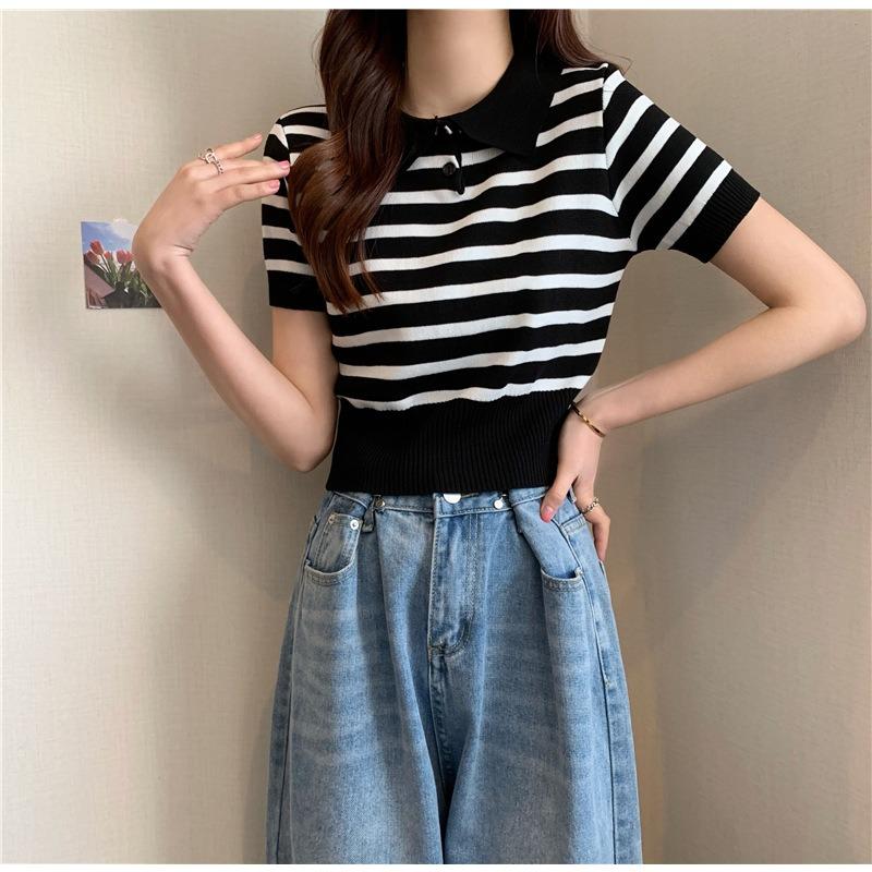 Çok Yönlü Kısa Üstler Kadın Retro Renk Bloklu Çizgili Beli Oturan Örgü Giyim Tide Günlük Yazlık Temel Konfor ve Stil Slim Fit Kazaklar Tişörtler