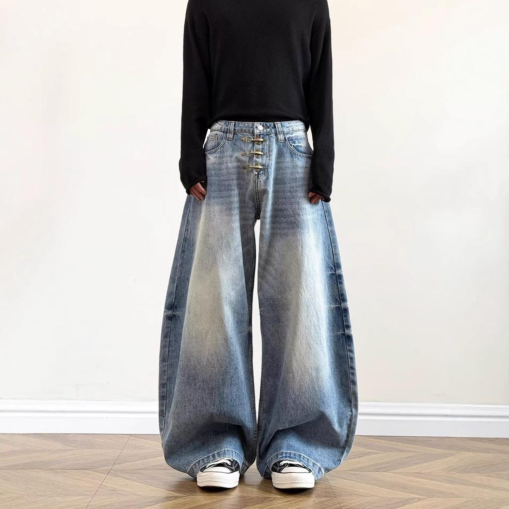 American vintage washed distressed curved knife jeans for men and women, slimming silhouette, loose floor-length wide-leg casual pants