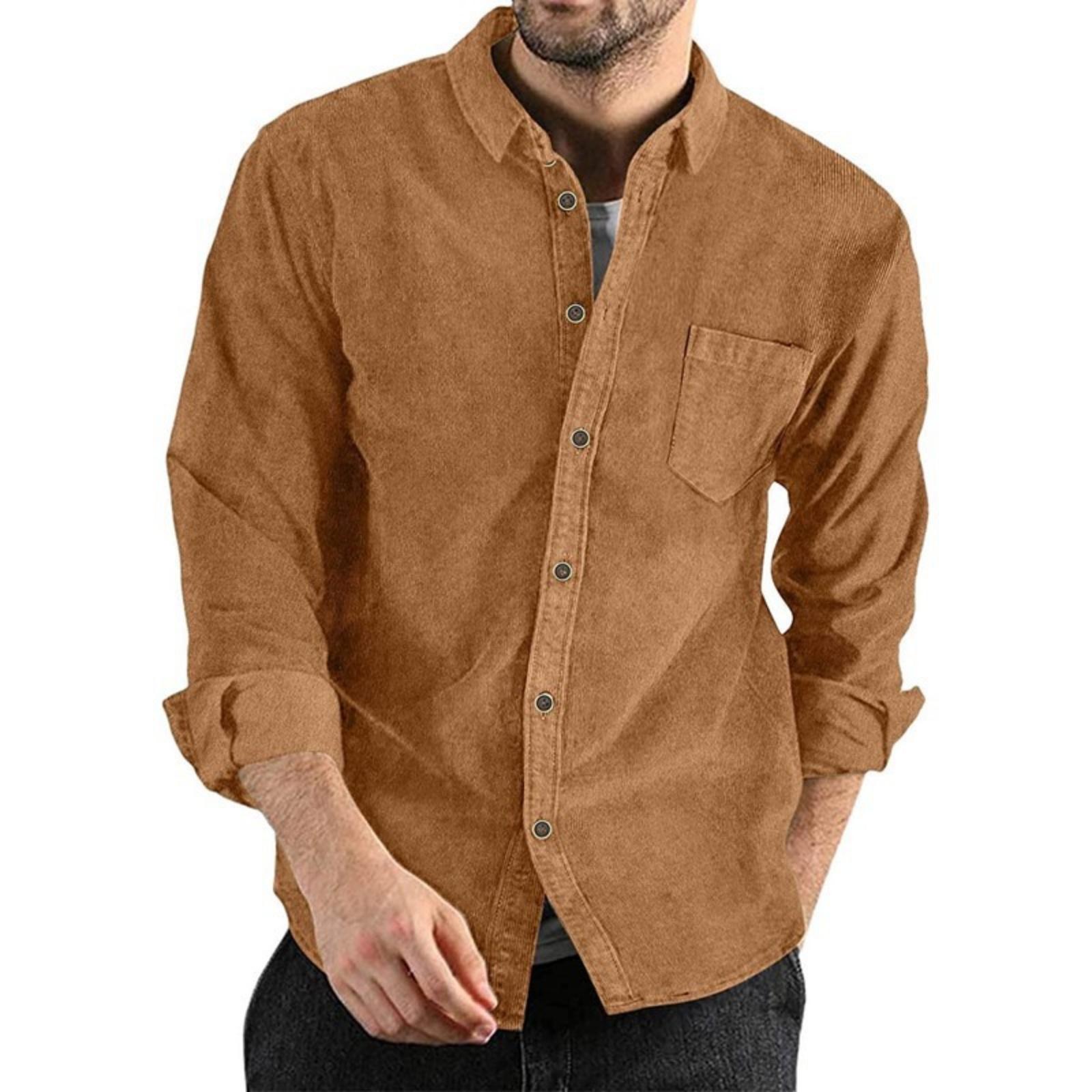 

Men s Casual Loose And Fashionable Lapel Color Sporty Long-sleeved Men s Button-down Corduroy Shirt Top M коричневий