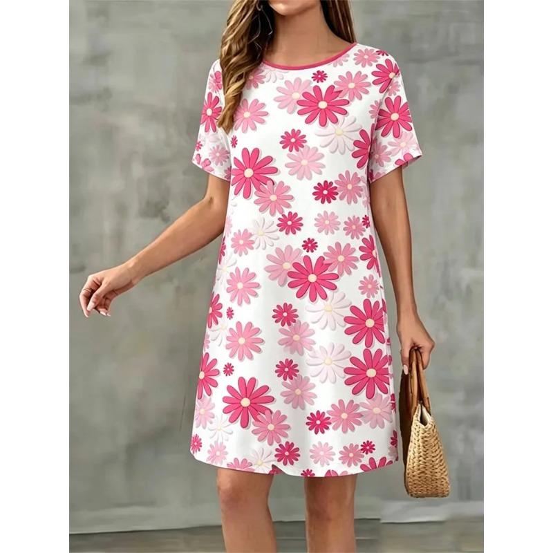 Summer Ladies 3D Printed Short Sleeve Dress Fashion Versatile Breathable Trend Casual