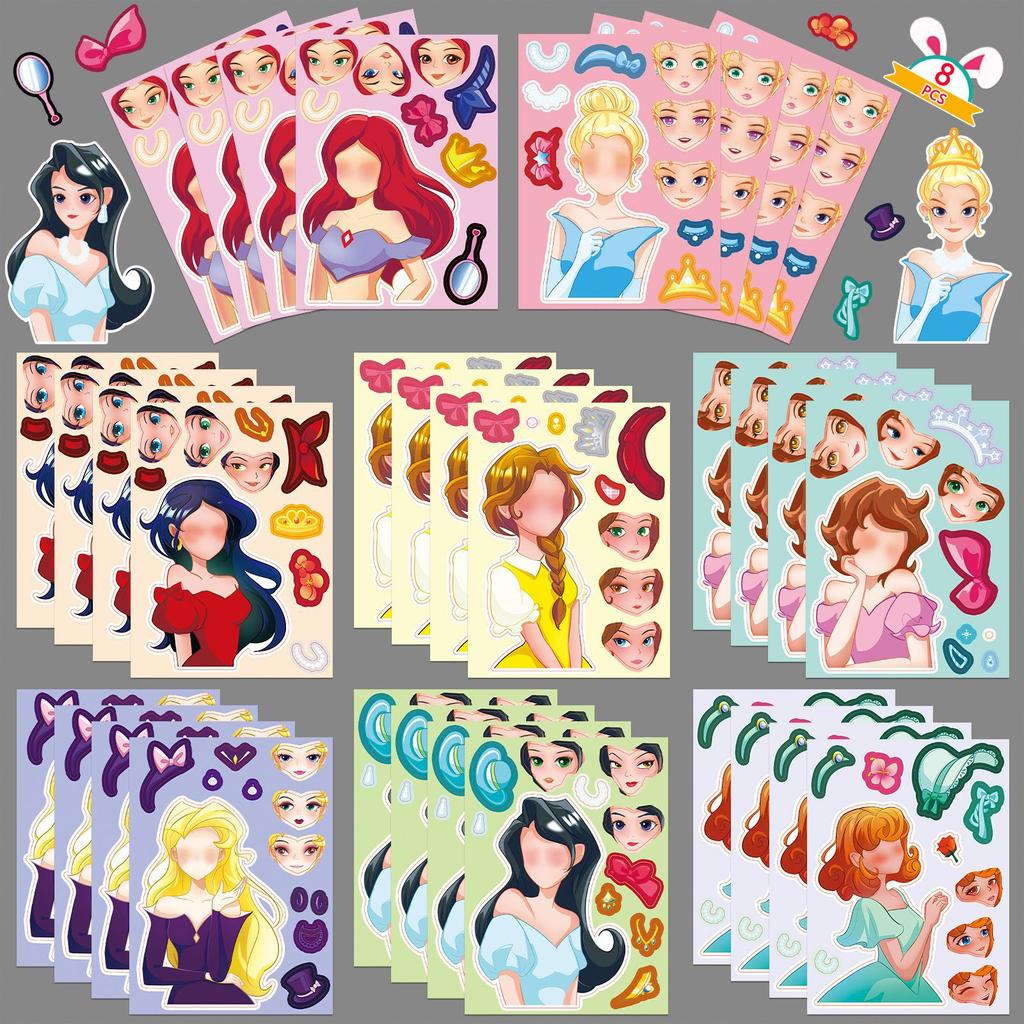 8 Styles/bag Princess Face Swap Set Stickers Cartoon Cute Children Baby Puzzle DIY Early Education Puzzle Stickers