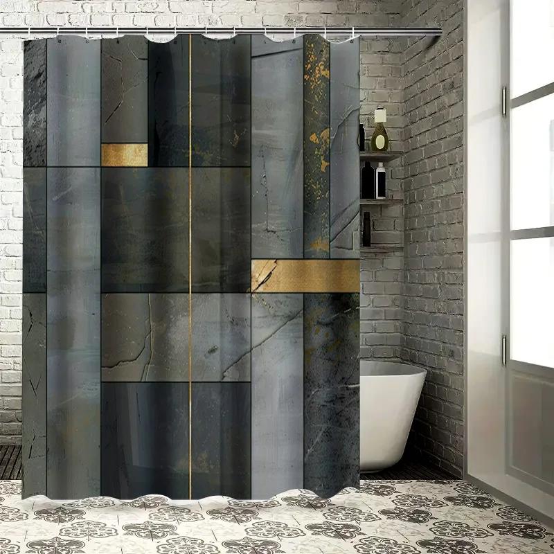 Luxury Marble Effect Shower Curtain Waterproof Bathroom Decor Gold Accents Large Size Gray Black White Modern D 90x180cm