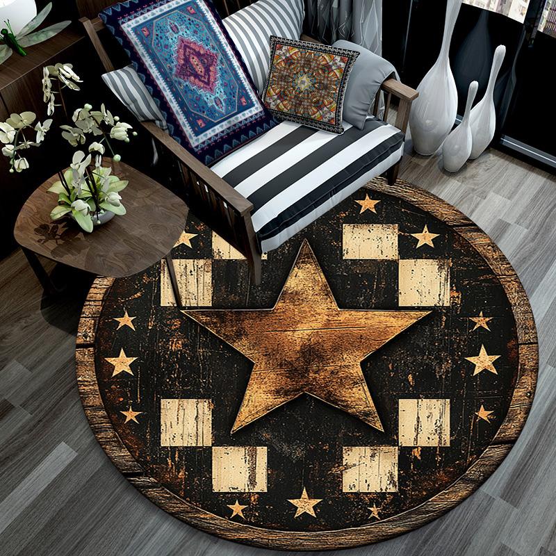 Rustic Star Round Area Rug,Carpet Rug for Living Room Bedroom Sofa Playroom Decor,Non-slip Floor Mat