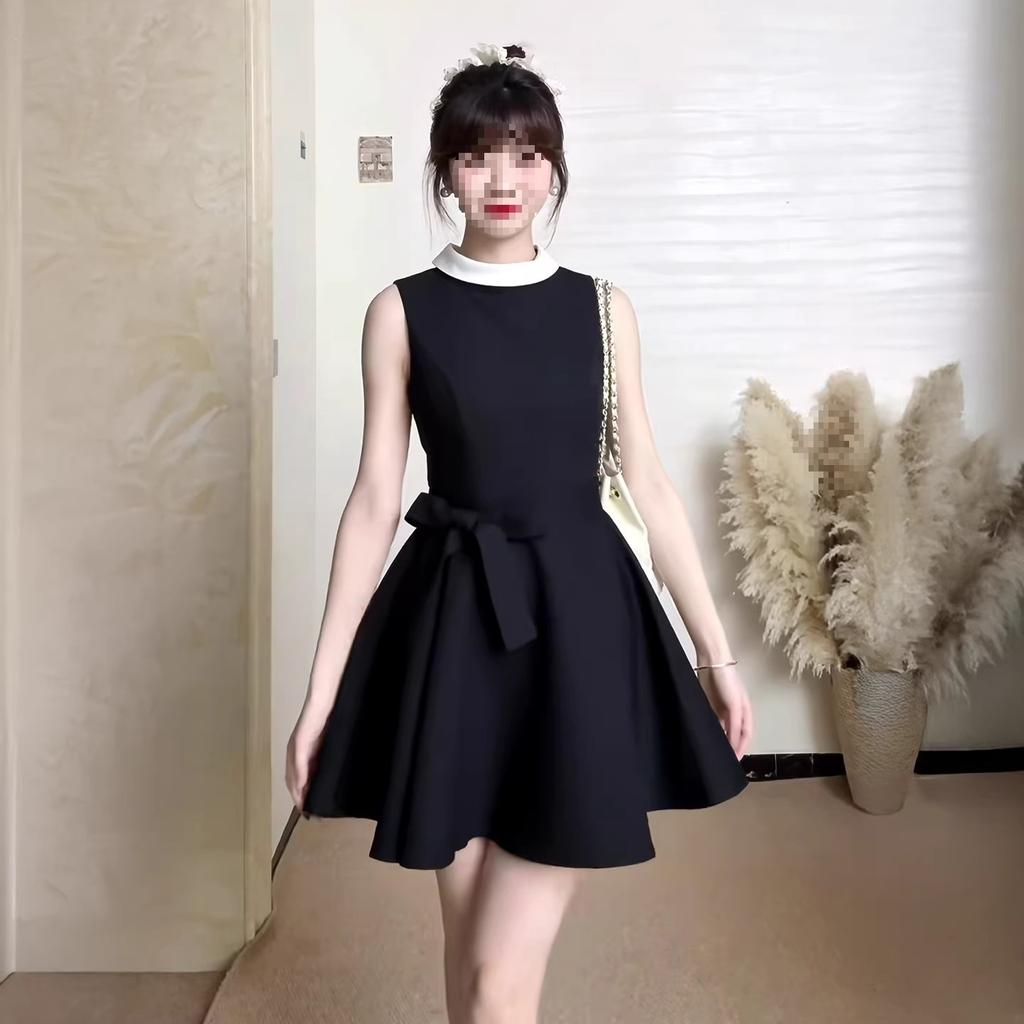 Lined Hepburn Style Sleeveless Black Dress Women's Waist A-shaped Skirt Thousand Gold High-end Skirt Summer New
