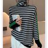 Ladies' Autumn and Winter Long Sleeved High Neck Color Blocked Western-style Plaid Base Shirt, Fashionable and Versatile Pullover Women's Inner Outfit