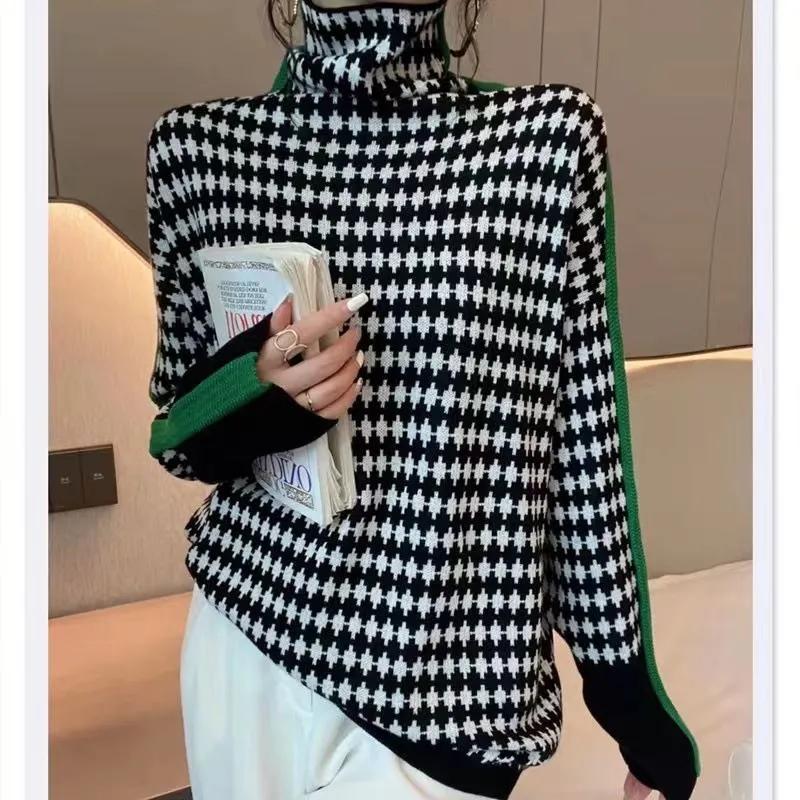 Ladies' Autumn and Winter Long Sleeved High Neck Color Blocked Western-style Plaid Base Shirt, Fashionable and Versatile Pullover Women's Inner Outfit