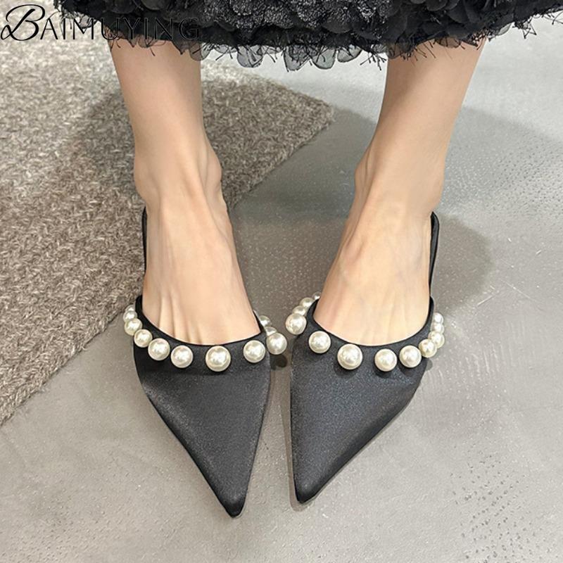 Bead Flats Slippers Women Pointed Toe Sandals Mules Shoes Woman Summer 2025 Designer Trend Dress Casual Shoes Elegant Slides