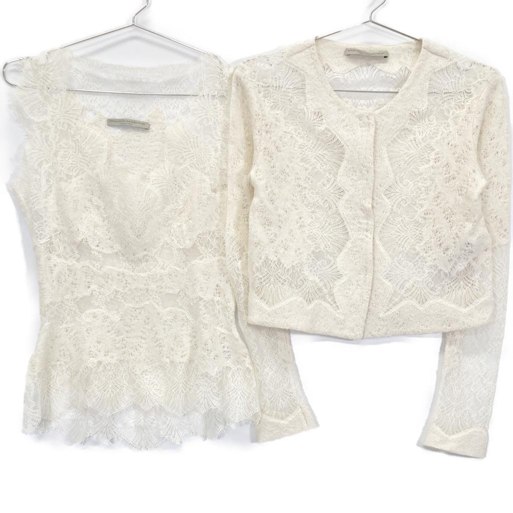 Ermanno Scervino White Cashmere Silk Blend Lace Cardigan and Sleeveless Ensemble Set Tops 38 whiteUsed