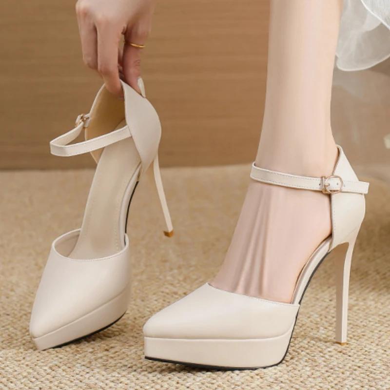 Fashion New Pointed Toe Platform Women Sandals Flock Buckle Strap Stripper Party Thin High Heel Shoes Sexy Female Pumps Zapatos De Mujer