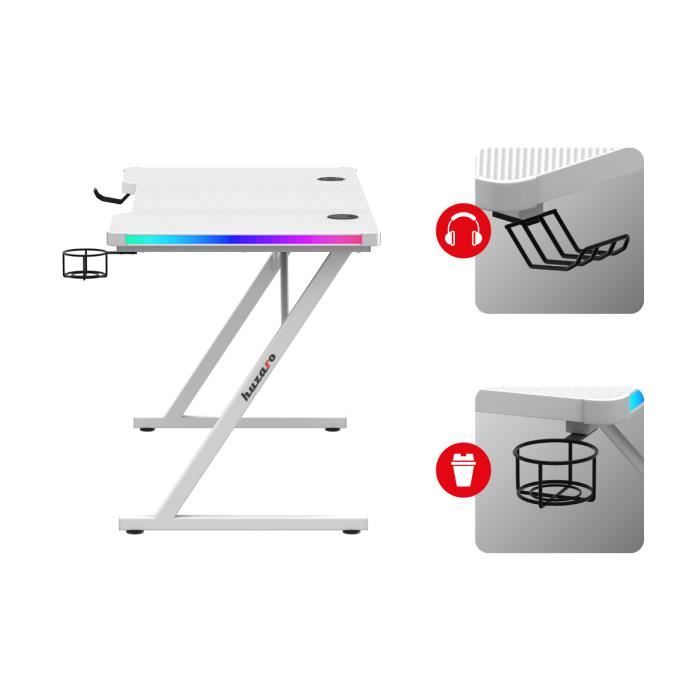Bureau Gaming - HUZARO - HERO 2.5 - LED RVB - Blanc - 120x60x75cm - Pratique Et Robuste