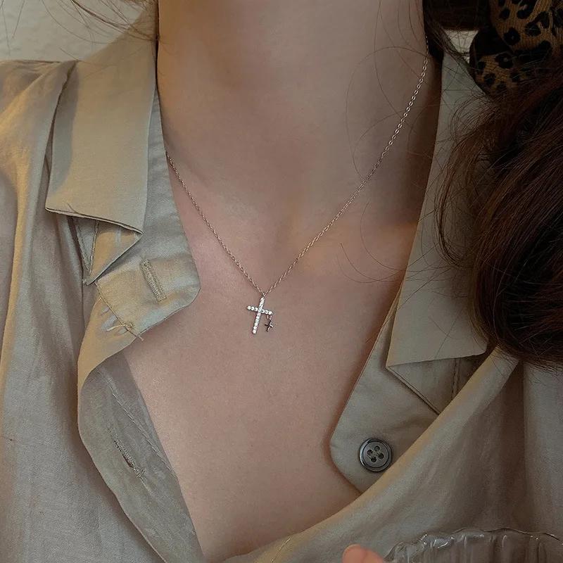 Charm Full Zircon Double Cross Pendant Necklace for Women Personality Collarbone Chain Jewelry Accessories Gift