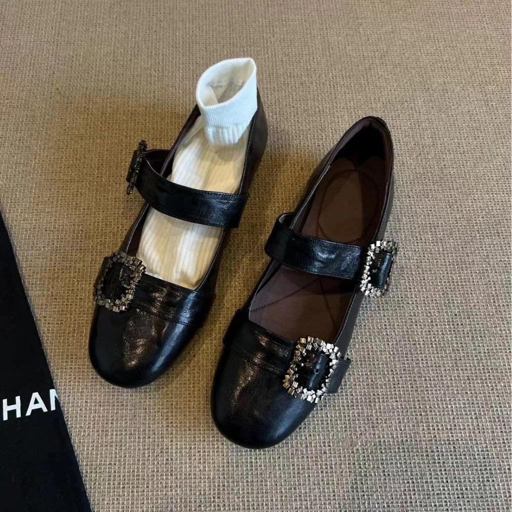 Cowhide version~ New genuine leather Mary Jane small leather shoes fashionable one-word buckle round head shallow mouth flat sole shoes women's shoes