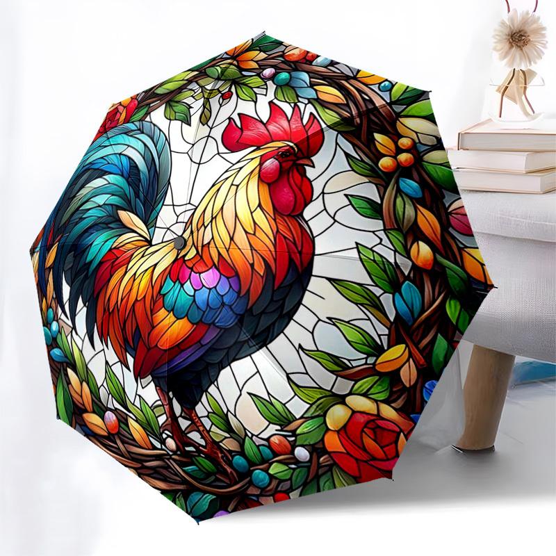 

1pc Stained Glass Rooster Design Automatic Opening/Closing Umbrella - Portable Tri-Fold Design with 8-Bone Iron Frame - Outdoor - Ideal Gift for Fans,