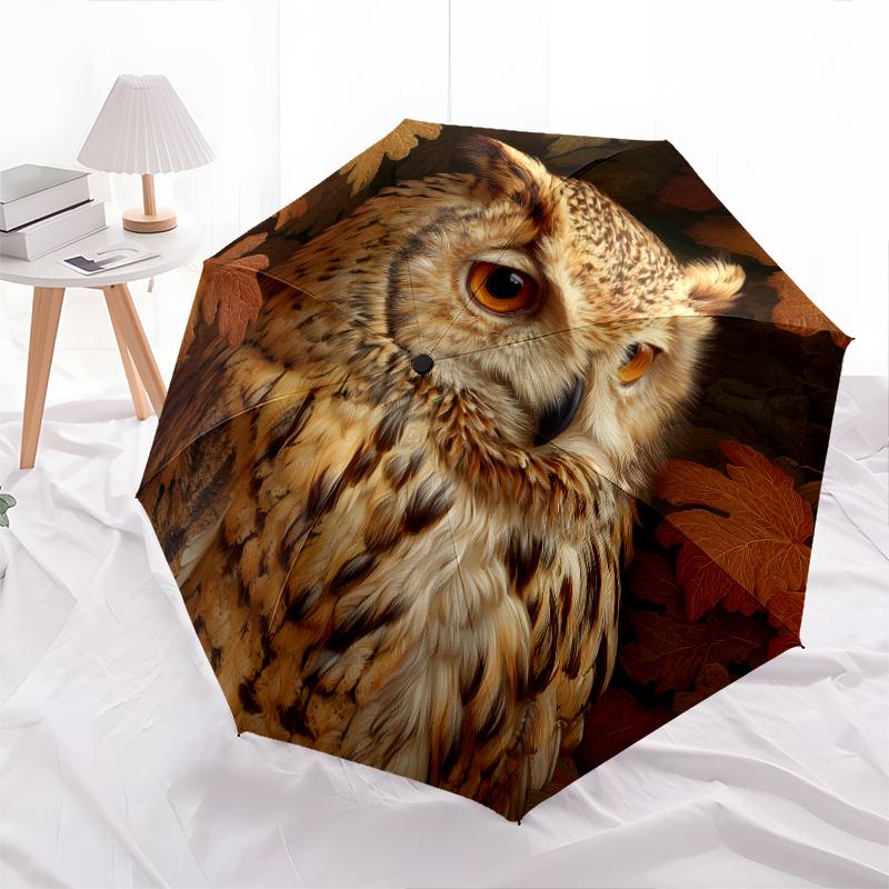 Owl and Leaf pattern, automatic folding umbrella, portable and foldable design, 8 ribs, a Christmas or birthday gift.