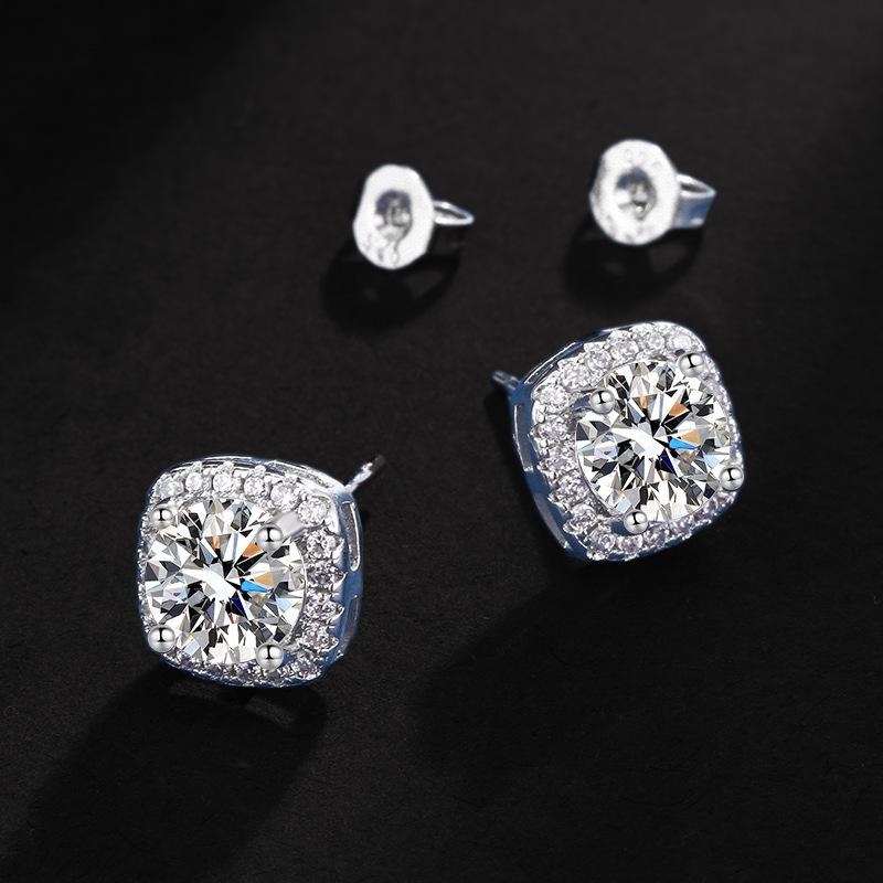 Moissanite Necklace & 1 Carat Stud Earrings Set: Square Bag Jewelry with Clavicle Chain & Ring for Women