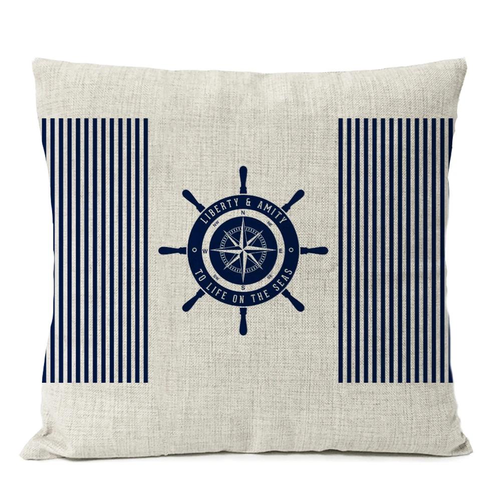 Home Decorative Navigation Blue Compass Anchor Pillow Cover Nautical Shell Fish Linen Pillow Case Mediterranean Cushion Cover