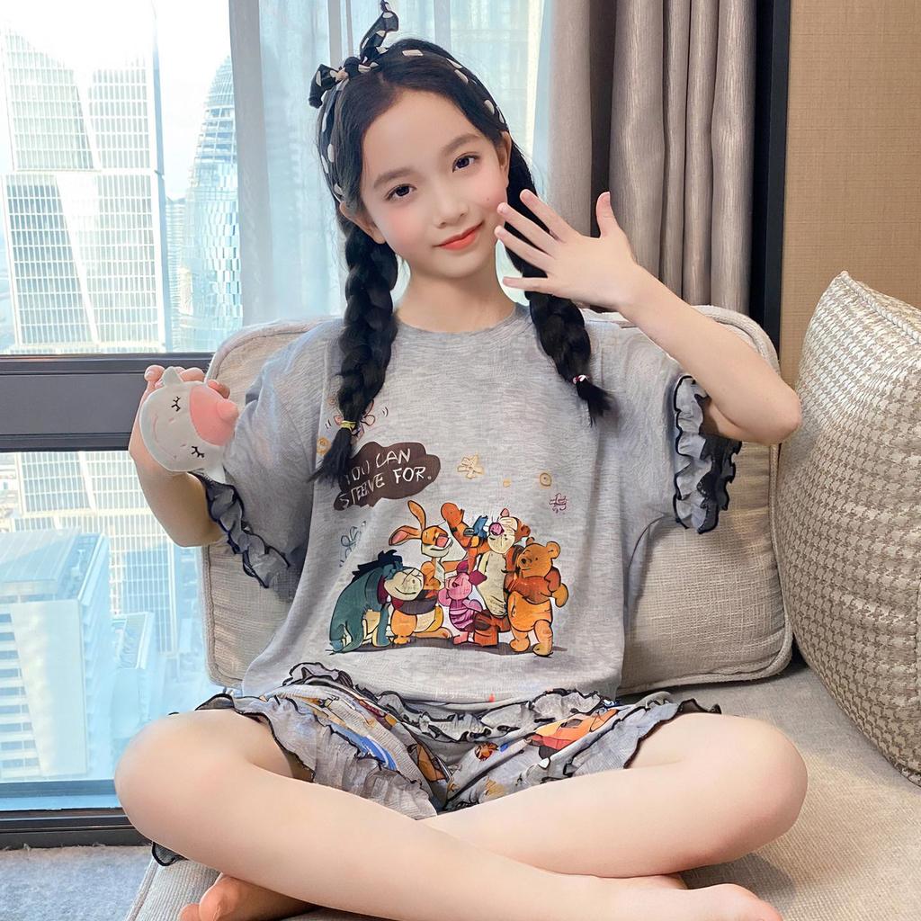 2026 New Summer Girls' Ultra-Thin Modal Pajamas Set: Short Sleeve Airy Comfort Suit for Medium and Large Kids