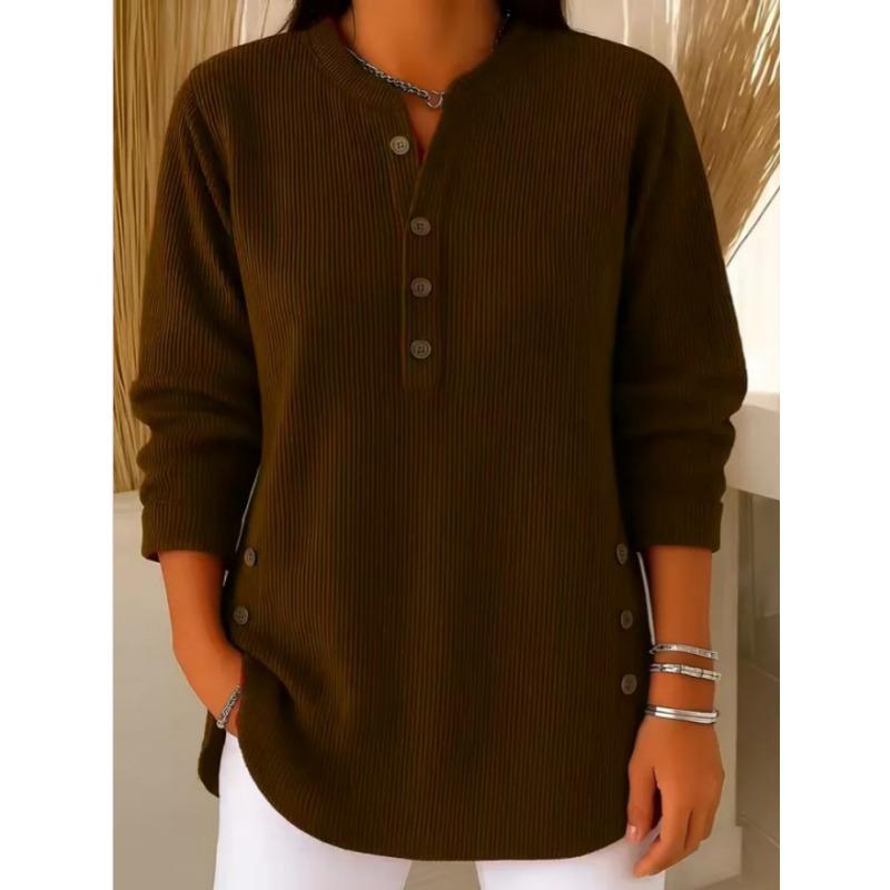 Women's Autumn Waffle Henley Shirt Long Sleeve Button Casual Loose Top