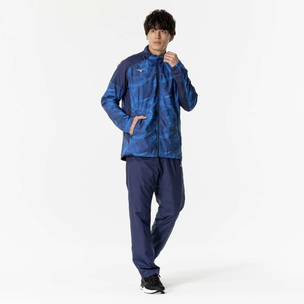 Mizuno Breath Thermo Warmer Training Pageant Blue Jacket, Moisture-Wicking, Water-Repellent, Windproof, Brushed, 32MEB541, Men's,