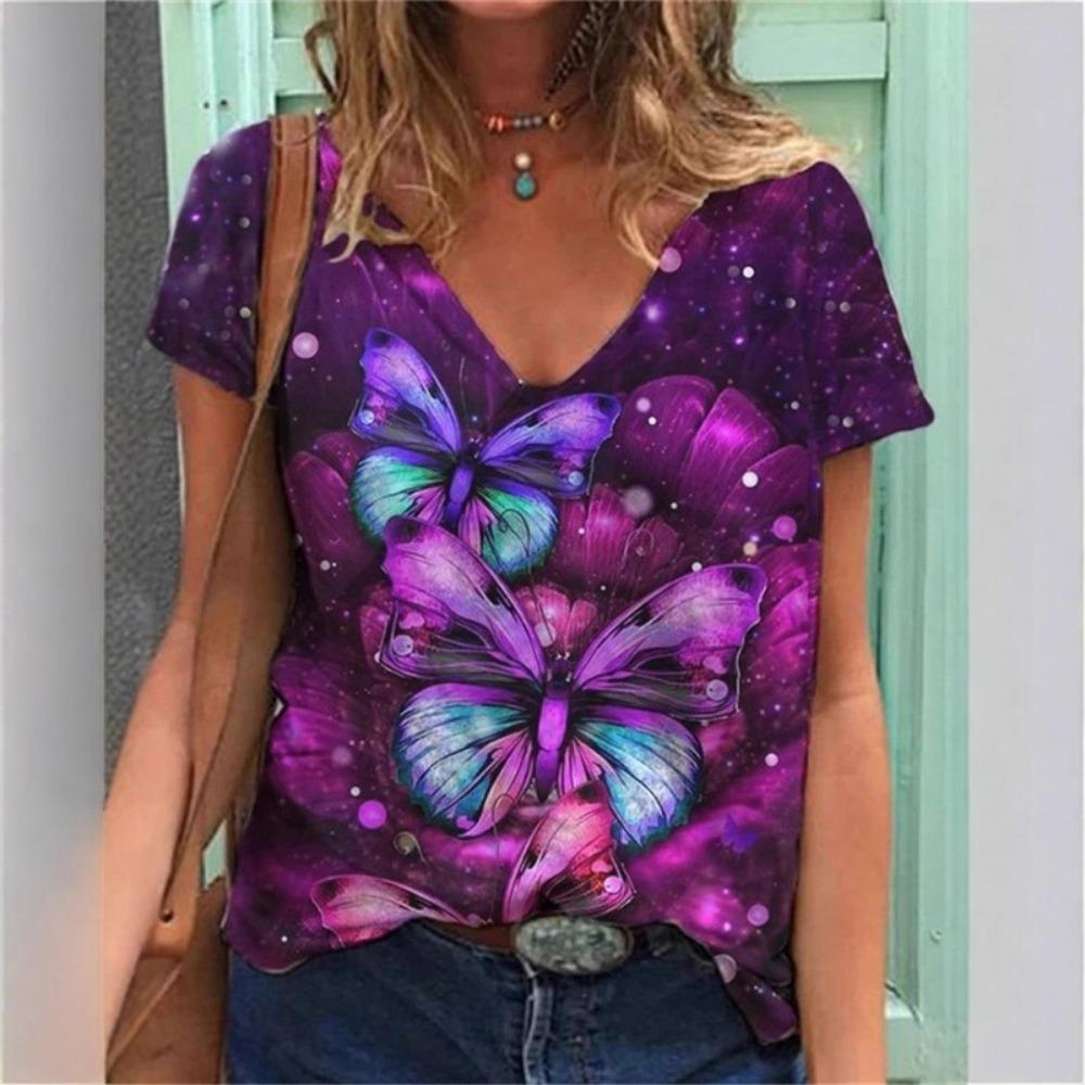 Summer Fashion 3D Floral Print Women's Loose V-neck Short Sleeved T-shirt